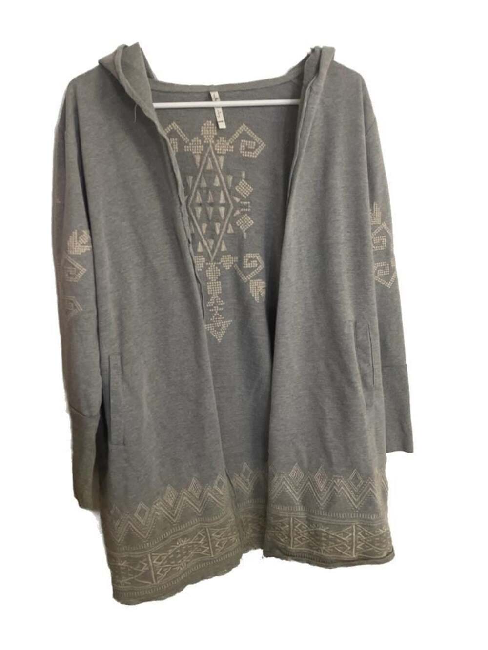 Willow & Clay Gray Aztec Embroidered Open Front Hooded Cardigan Duster